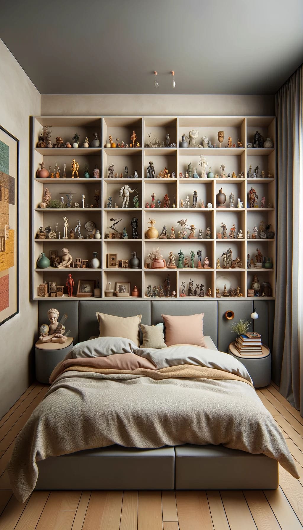 Floating shelves in a bedroom displaying a collection of figurines and eclectic items, adding personality to the space.