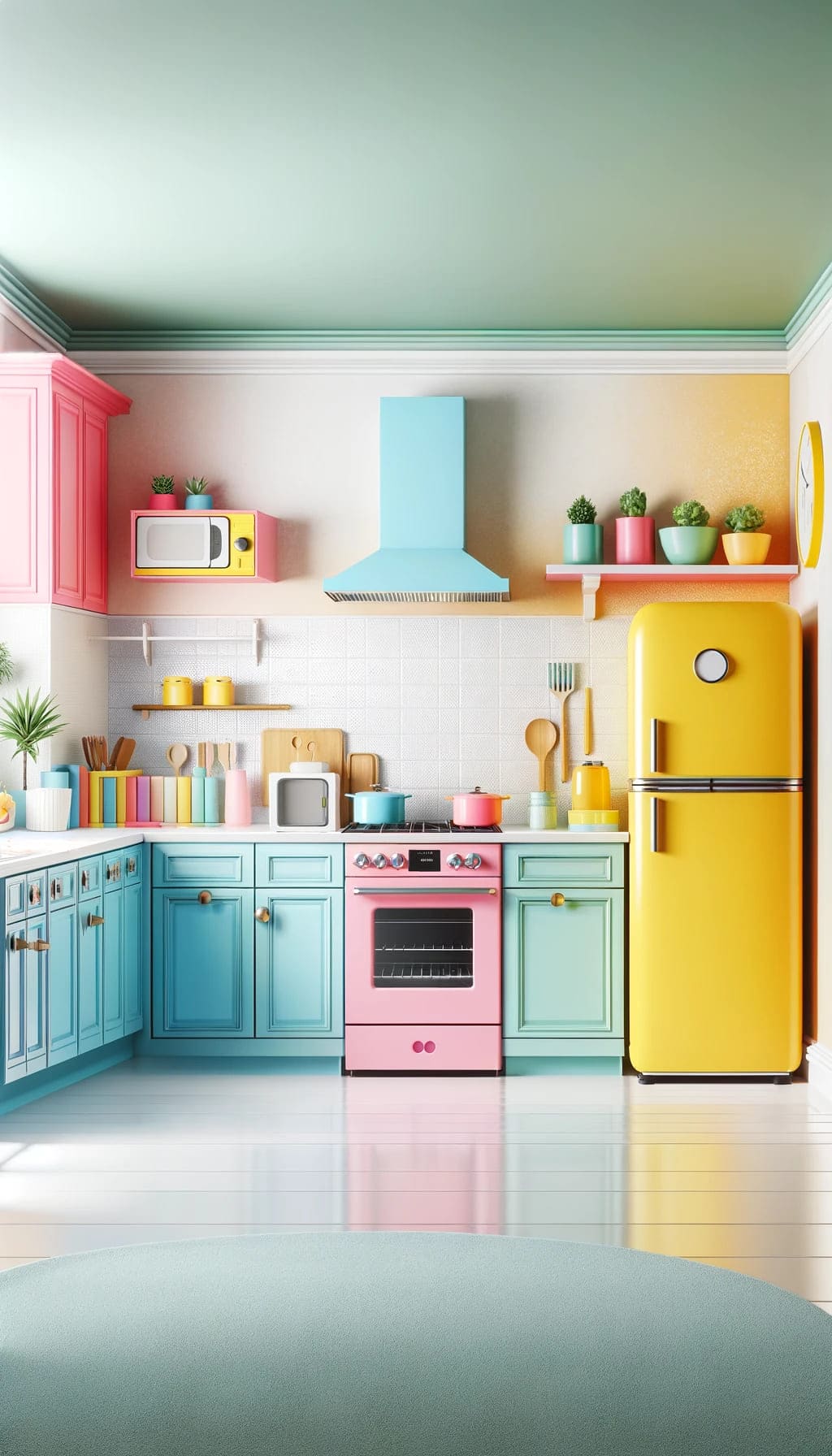 A kitchen with colorful appliances in bright and pastel shades that bring life and vibrancy to the cooking space.