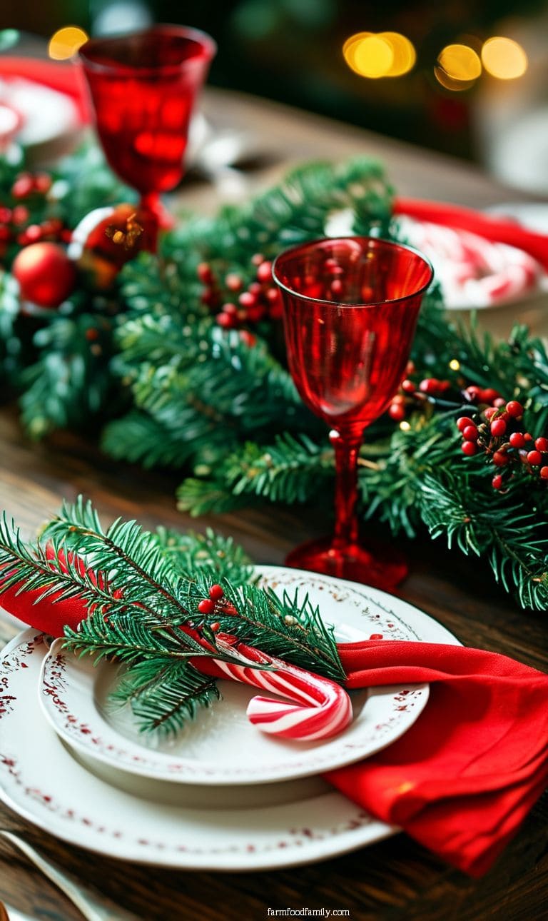 A classic red and green Christmas table adorned with evergreen garlands, red napkins, and candy cane decorations.