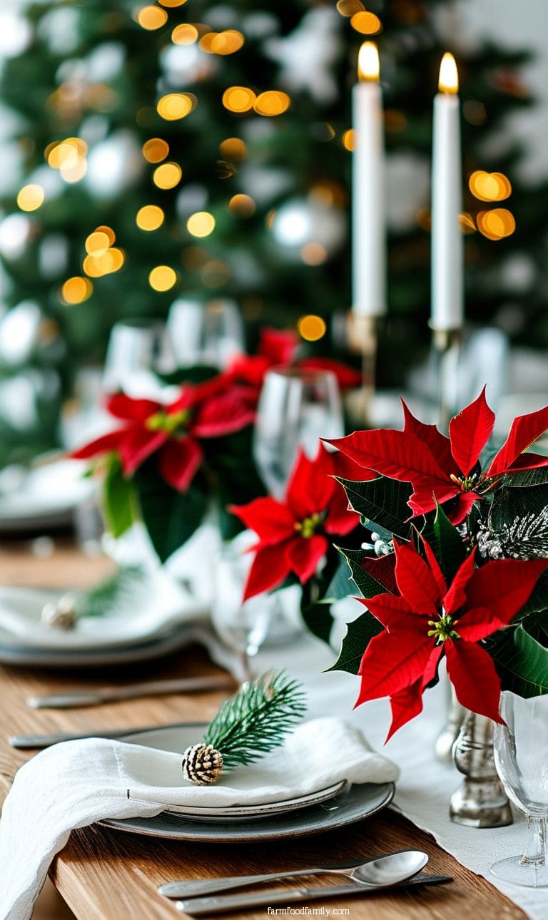 Minimalist Christmas table with white linens, silver accents, and a single poinsettia centerpiece.