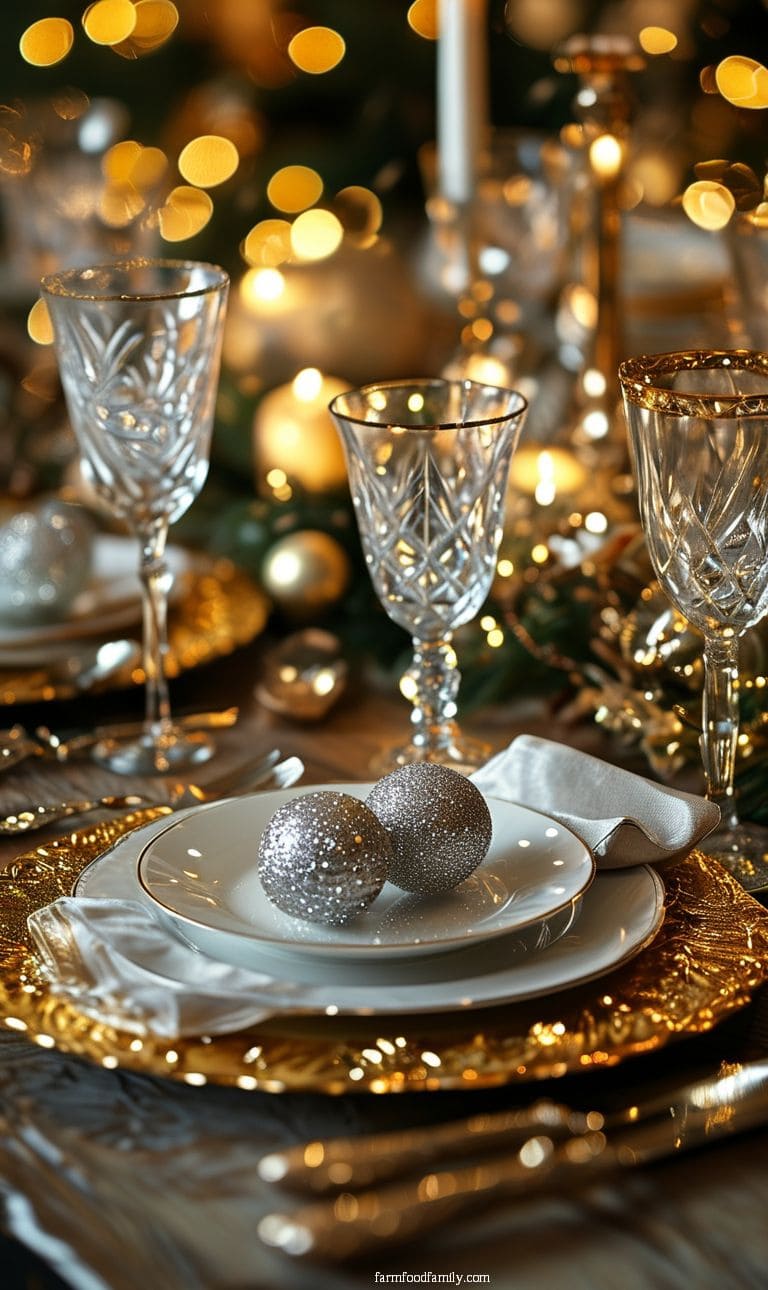 Glamorous holiday table decor featuring gold chargers, crystal glassware, and sparkling silver ornaments.