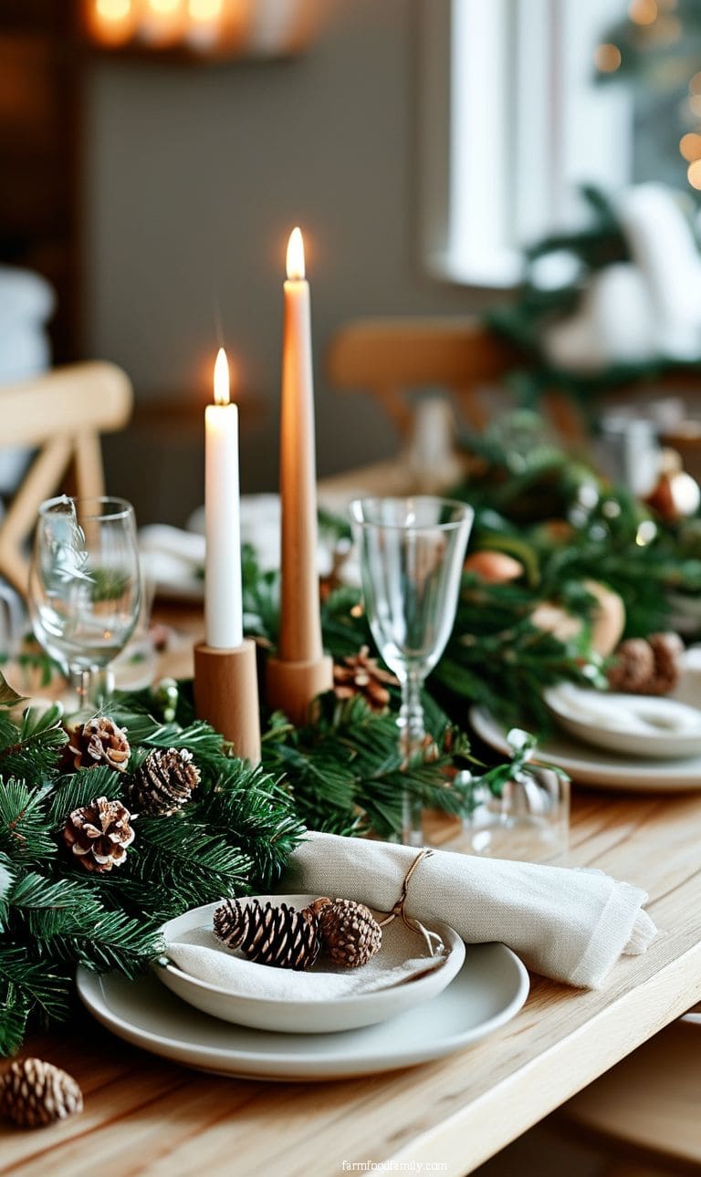 Nordic-inspired Christmas table with white and neutral tones, featuring wooden elements and a simple green wreath.