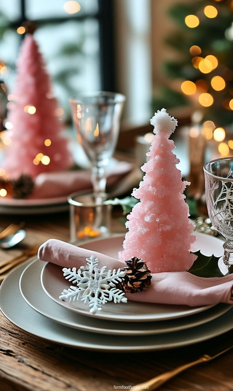A whimsical Christmas table with pastel colors, mini pink trees, and decorative snowflakes.