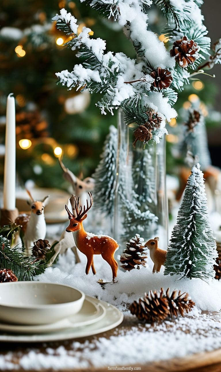 Snowy woodland table with faux snow-covered branches, miniature woodland animals, and pinecones.