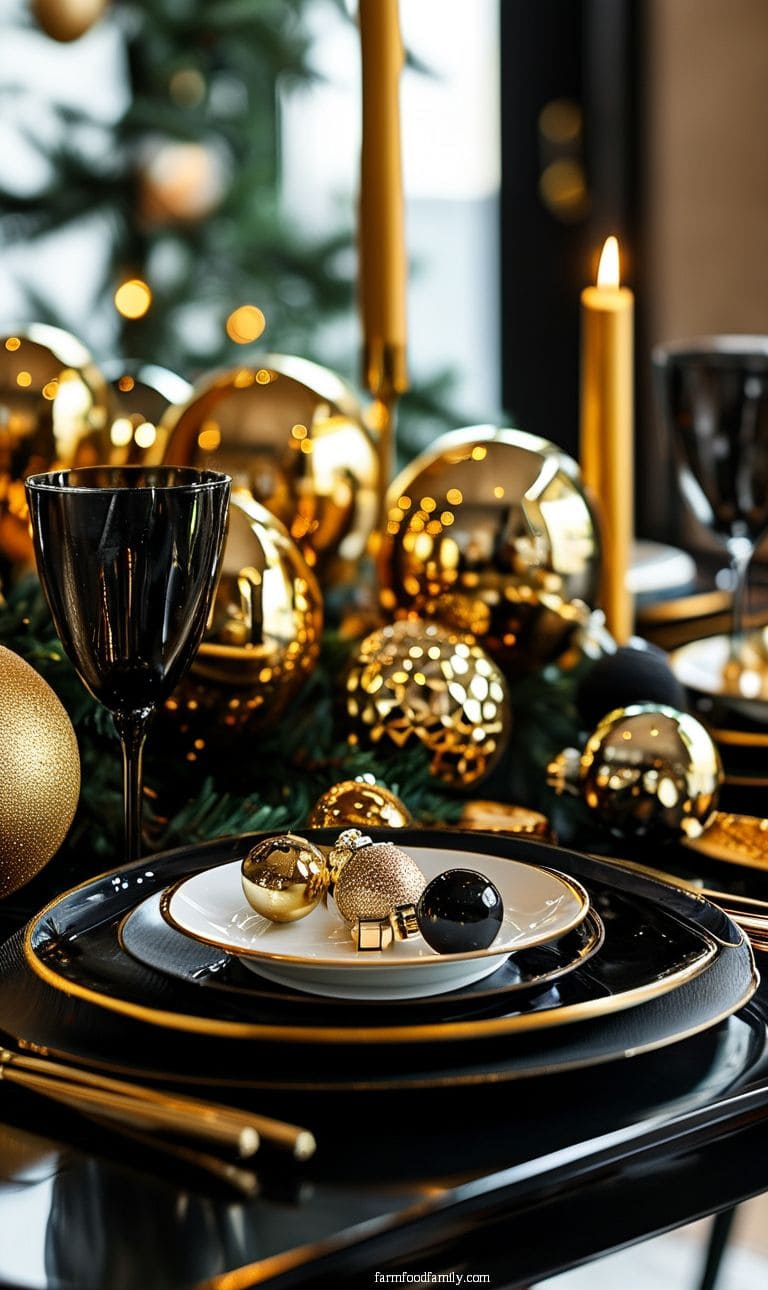 Bold, modern Christmas decor with black table settings, gold accents, and geometric-shaped ornaments.