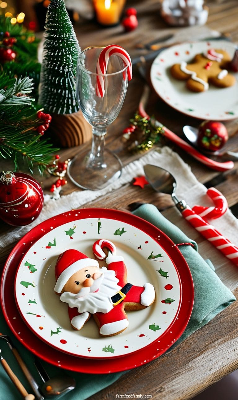 Kids’ Christmas table setting with playful elements like Santa-shaped plates, candy canes, and gingerbread figurines.