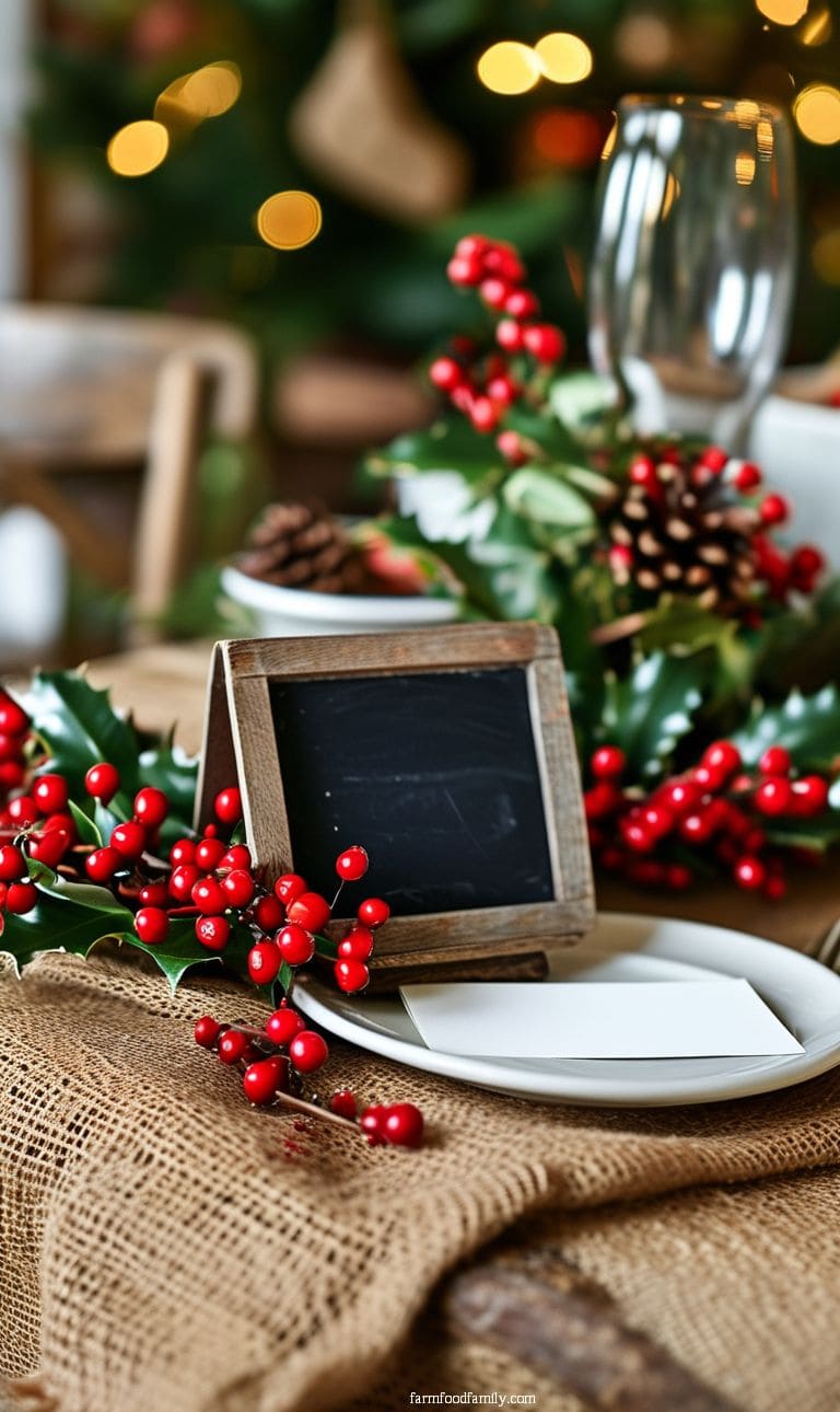 Rustic farmhouse Christmas table with burlap table runner, red berries, and mini chalkboard place cards.