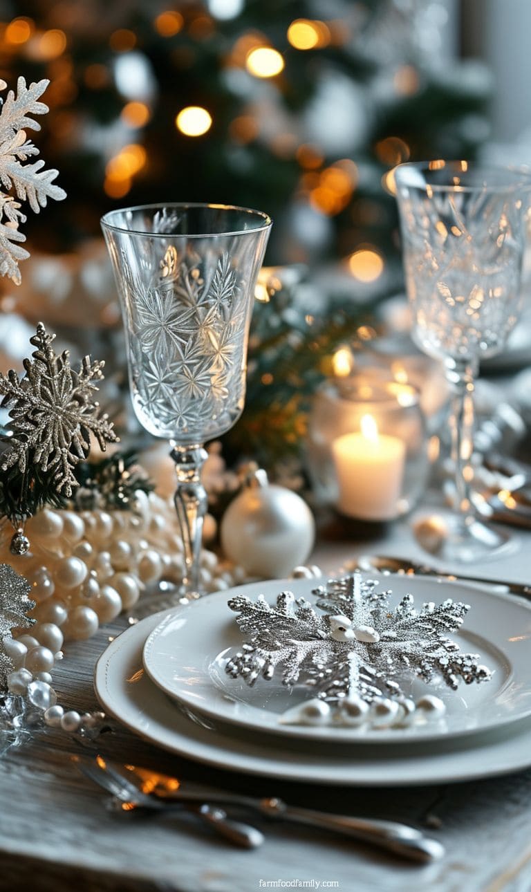 Elegant silver and white Christmas table with crystal glassware, pearl accents, and snowflake decor.