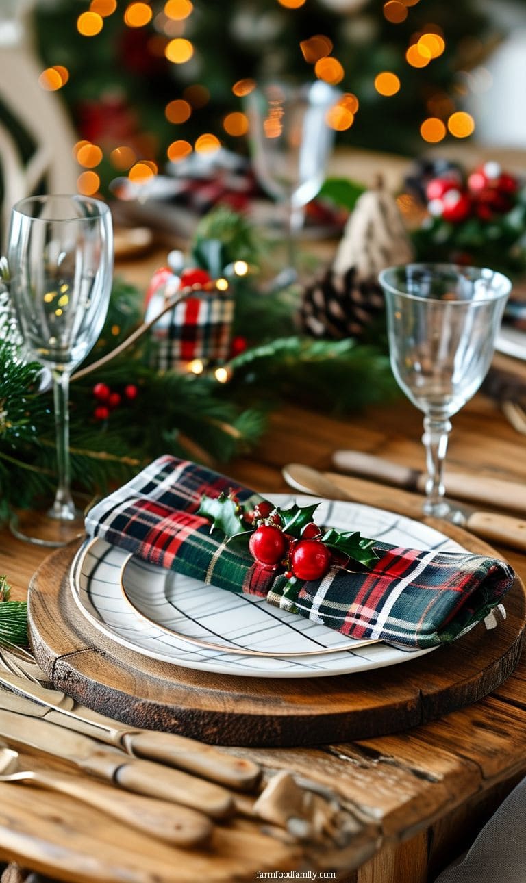 Plaid-themed Christmas table with tartan napkins, plaid plates, and rustic wooden placemats.