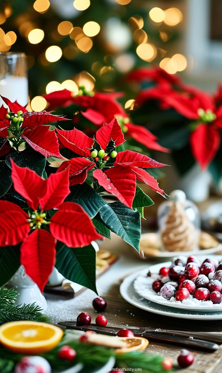 Holiday brunch table with bright red poinsettias, citrus slices, and frosted cranberry garnishes.