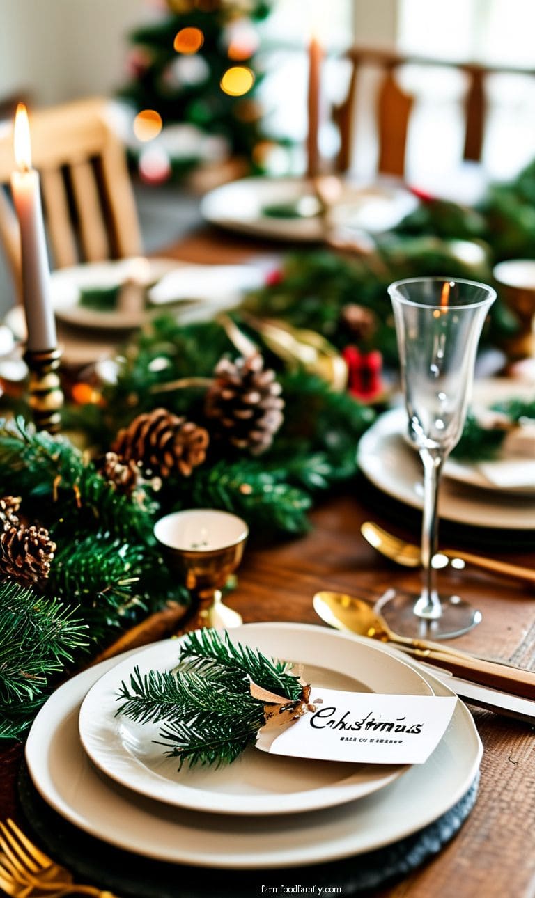 Christmas dinner table with personalized place settings made from mini wreaths and name tags.
