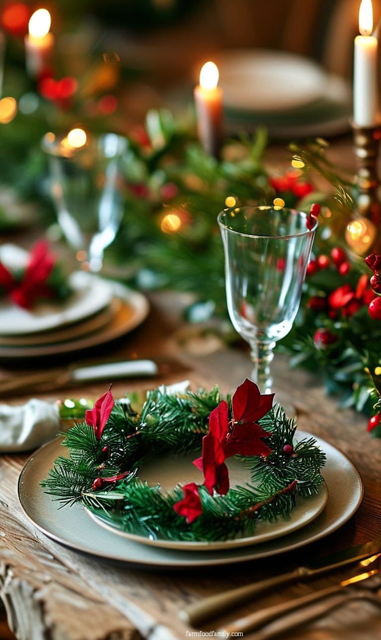 A table setting with mini wreath place cards, featuring green and red tones, for a cozy, festive touch.