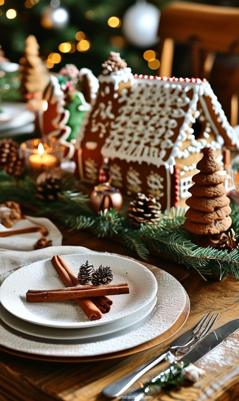 Gingerbread-inspired table with edible decorations, gingerbread houses, and cinnamon stick accents.