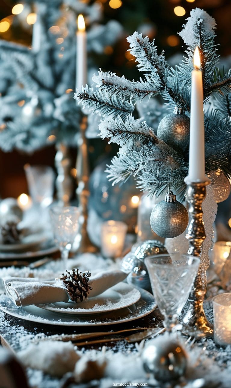 A table covered in faux snow with frosty branches, silver candle holders, and crystal ornaments for a winter wonderland feel.