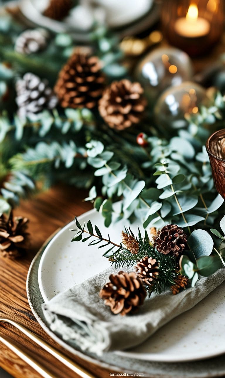 Christmas table with natural elements, including eucalyptus, pinecones, and earthy-toned napkins.