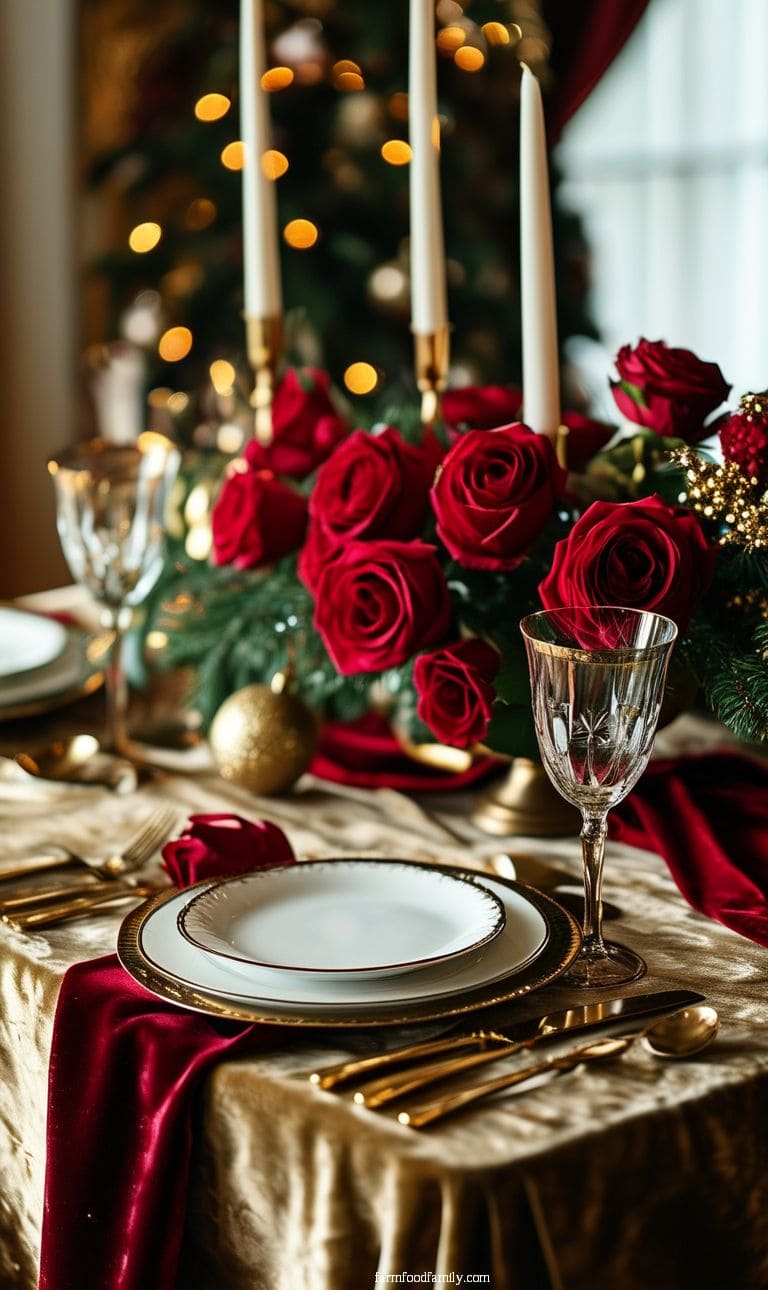 A luxurious table setting with velvet tablecloths and gold accents, featuring deep red roses as a centerpiece.