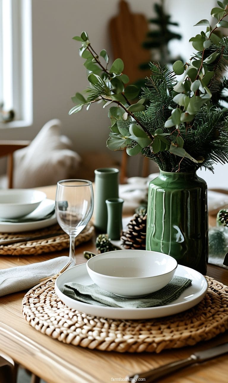Scandinavian-inspired table decor with white ceramics, woven placemats, and greenery-filled vases.