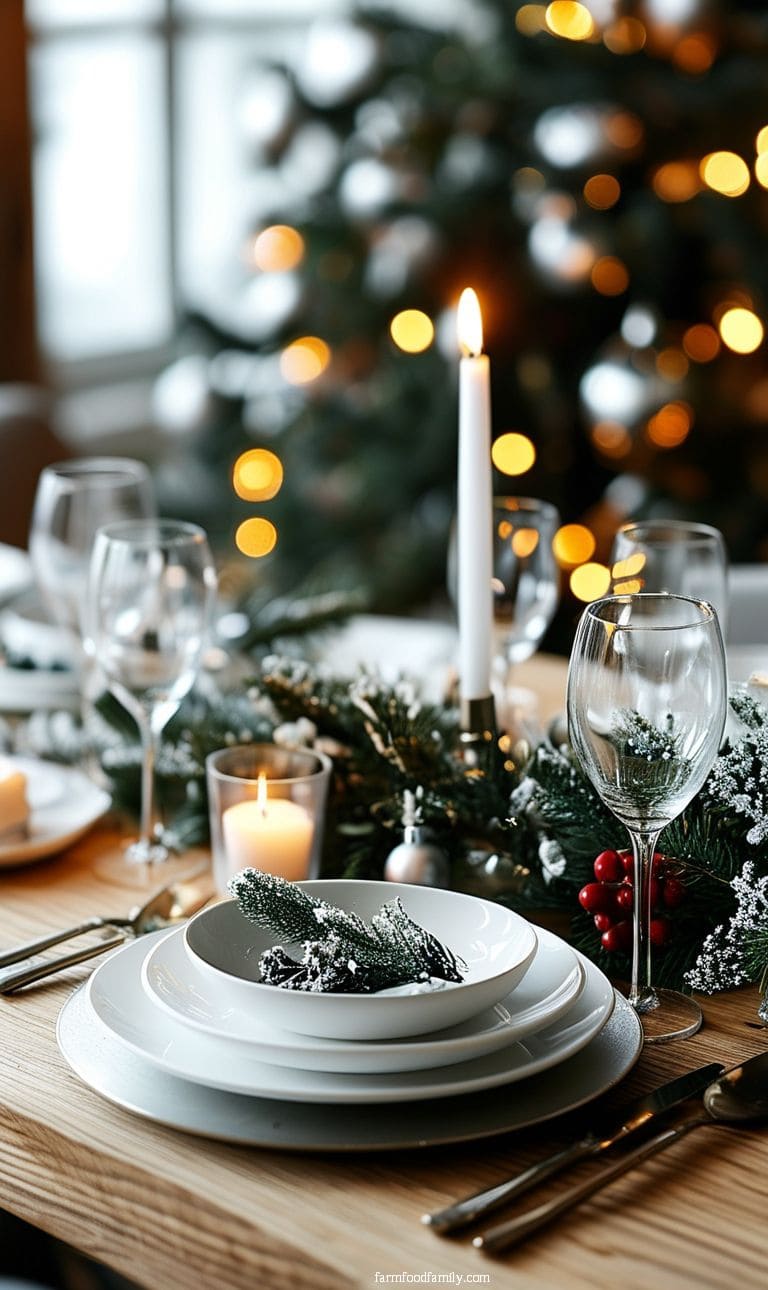 Modern Christmas table with monochromatic decor, showcasing all-white or all-silver elements for a sleek look.