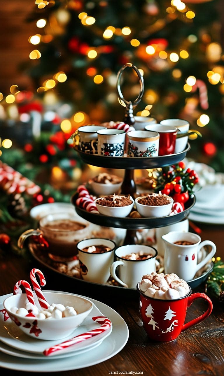 Festive buffet table with tiered trays of holiday treats, hot cocoa mugs, and mini candy canes.