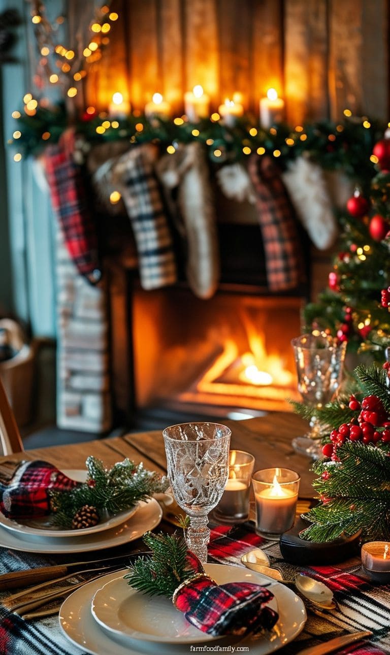 A cozy Christmas table by the fireplace with warm candlelight, plaid blankets, and rustic decor.