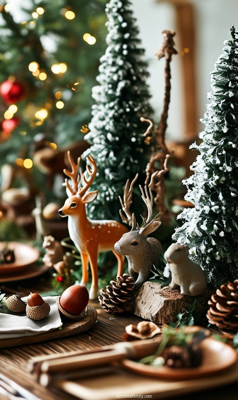 Whimsical forest-themed Christmas table with mini pine trees, animal figurines, and acorn decorations.