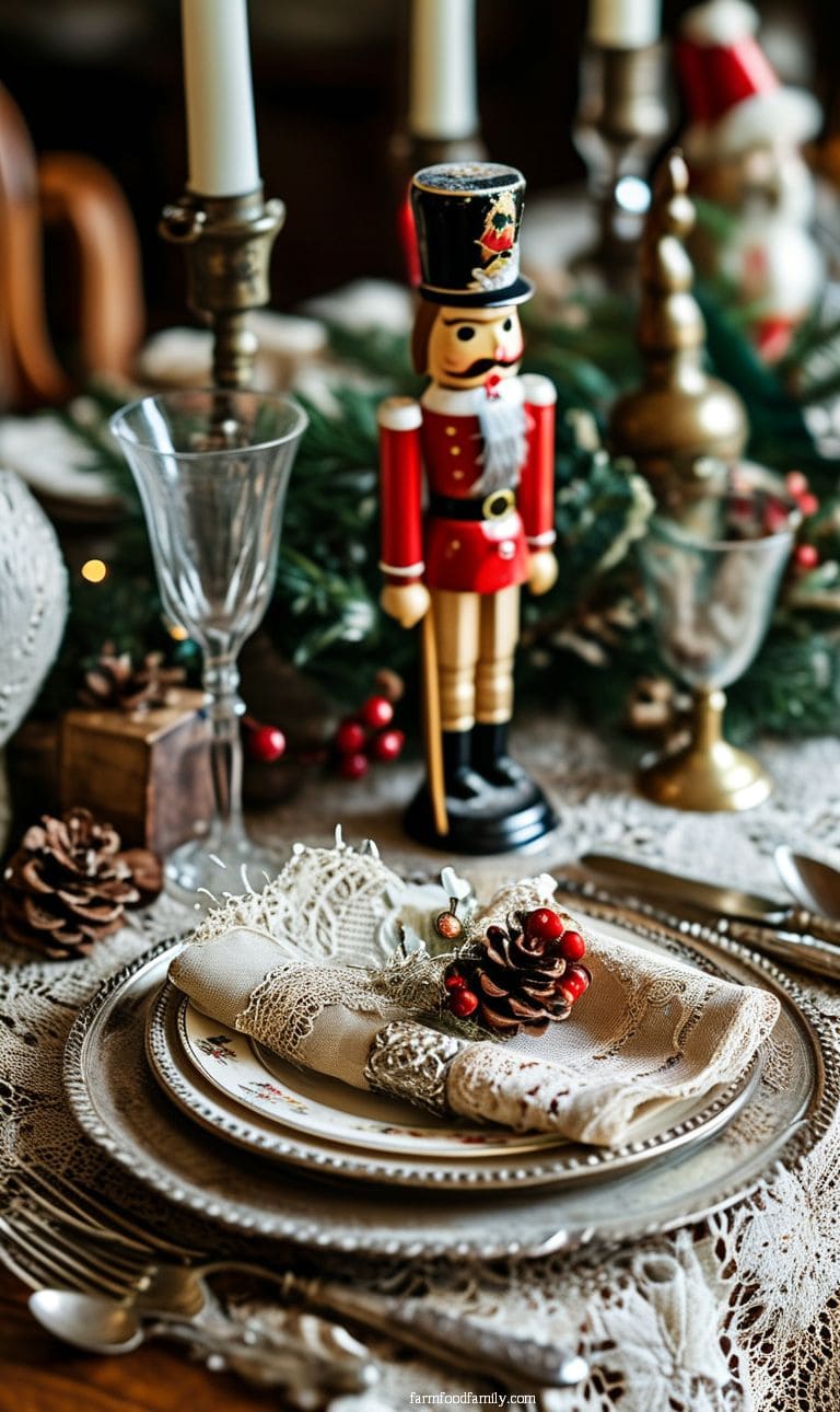 Table with vintage holiday touches like antique silverware, lace doilies, and traditional nutcracker figurines.