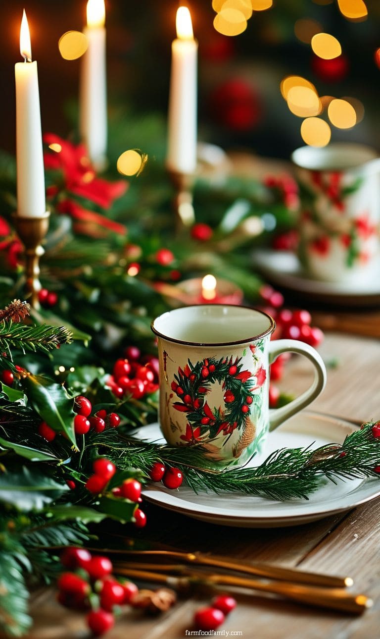 Christmas brunch table with red and green citrus garlands, fresh cranberries, and festive mugs.