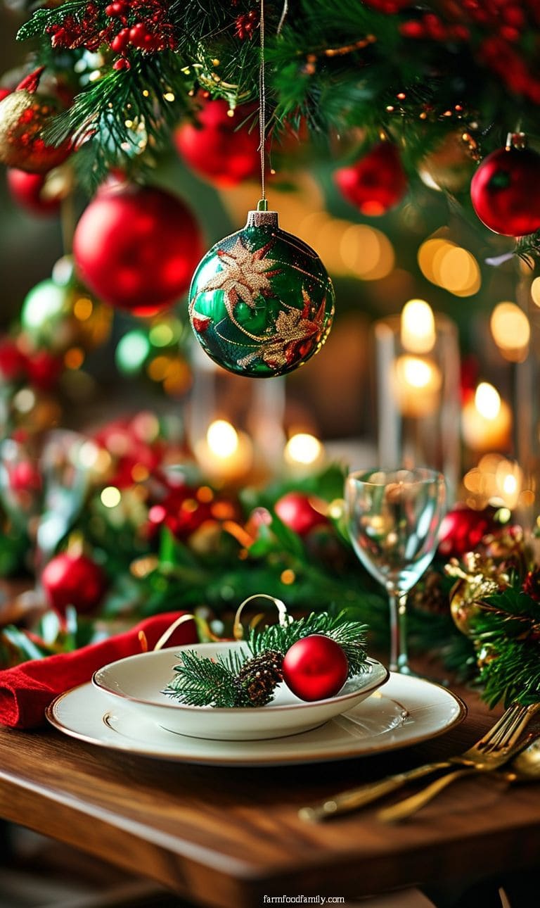 A cozy cabin-style Christmas table with wooden chargers, evergreen branches, and flickering lanterns.