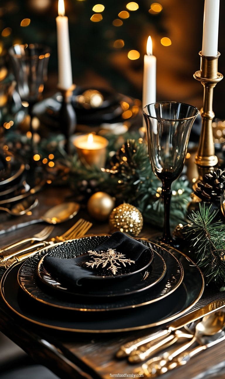 Elegant black and gold Christmas table with black plates, gold silverware, and candlelight for a dramatic feel.