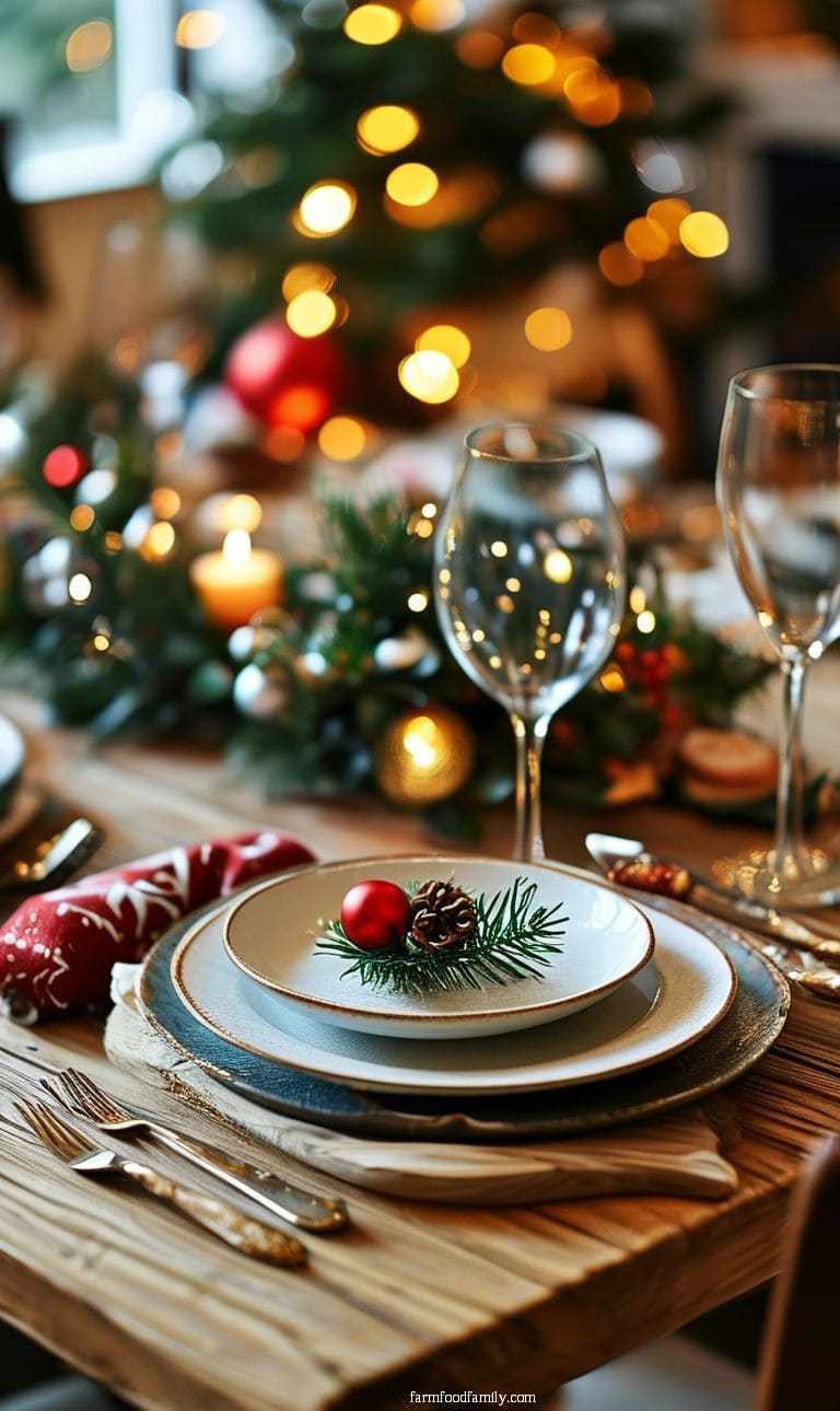 Family-style table with small, individual platters of holiday treats at each place setting.