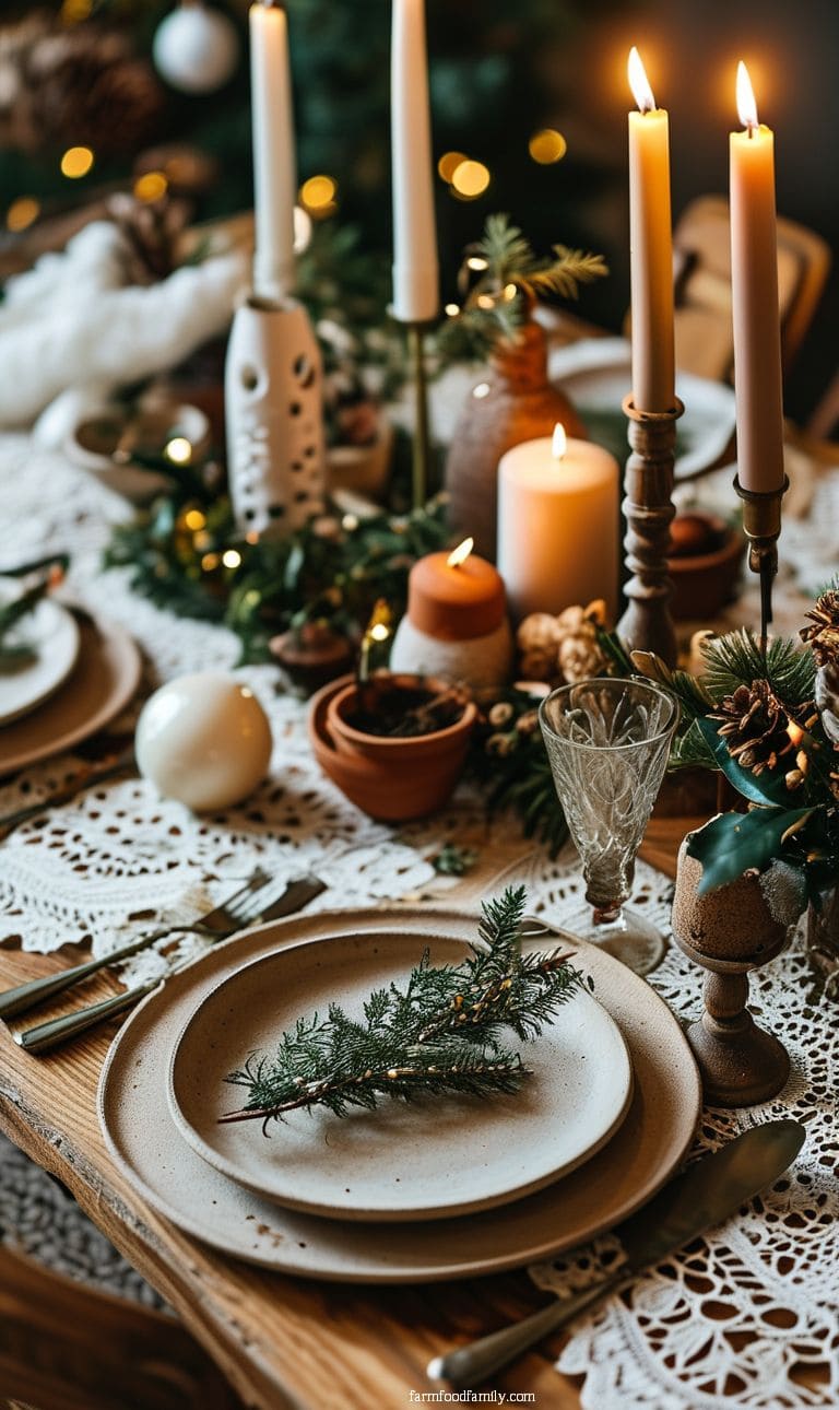Bohemian Christmas table with macramé runners, earthy tones, and handmade ornaments.