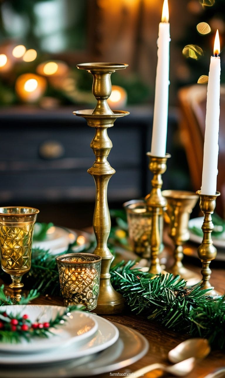 Vintage-inspired table with brass candle holders, mercury glass ornaments, and greenery garlands.