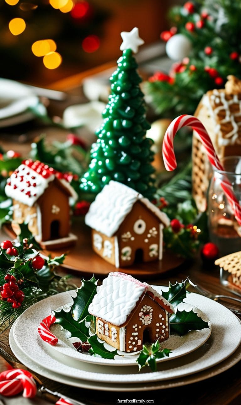 Table with edible Christmas decor like candy cane trees, peppermint plates, and gingerbread houses.