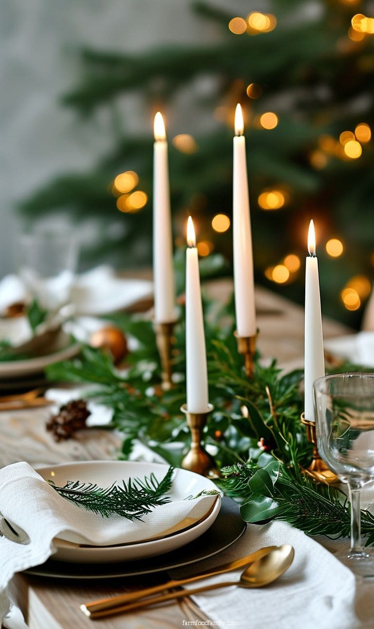 A minimalist Christmas table setting with single, slender candles, simple white linens, and a touch of greenery.