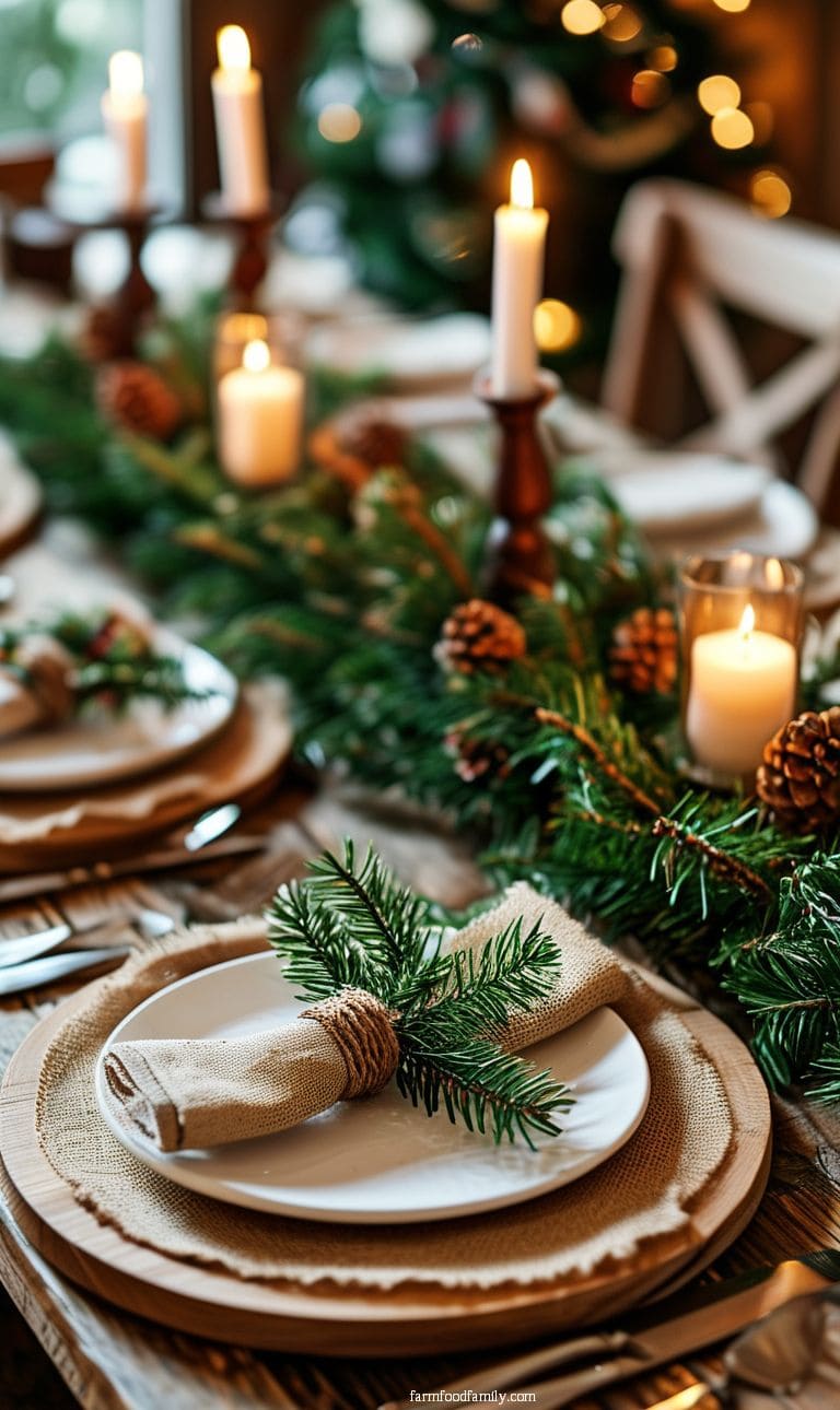 Table with a rustic, woodland look featuring wooden chargers, burlap napkin rings, and sprigs of pine for a cozy atmosphere.