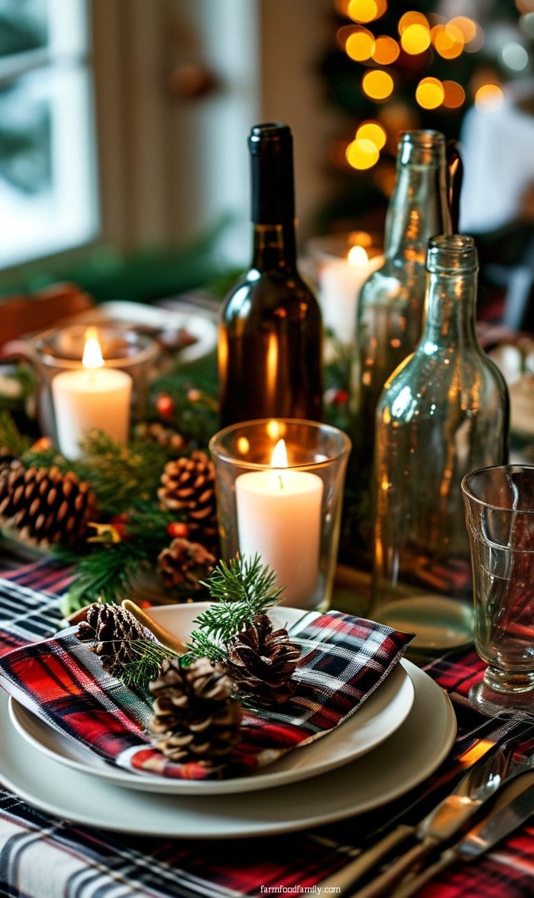 A rustic Christmas table setting with plaid tablecloths, pinecone place settings, and candles set in mason jars.