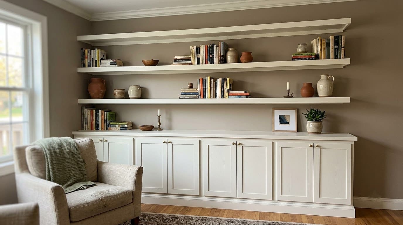 10 Clever DIY Built-In Shelves Living Room Hacks Using Stock Cabinets