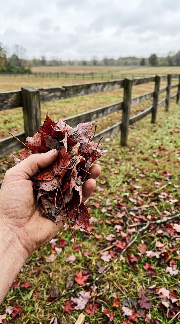 Wilted red maple leaves lying on the grass inside a horse paddock fence after a storm.