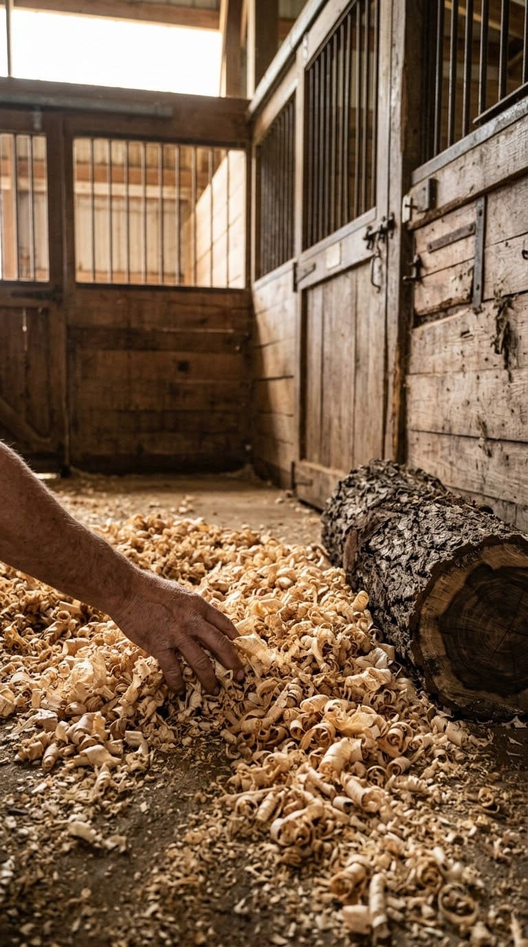 Pile of wood shavings in a horse stall beside a black walnut log.