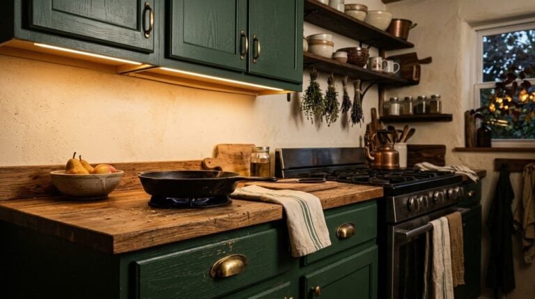 10 Charming Dark Cottagecore Kitchen Ideas With Forest-Green Cabinets