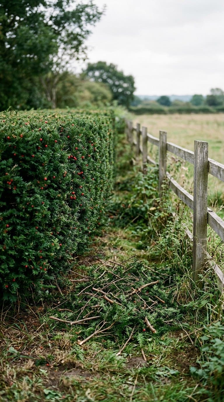 Clipped yew hedge with red berries beside a pasture fence and a pile of trimmings.