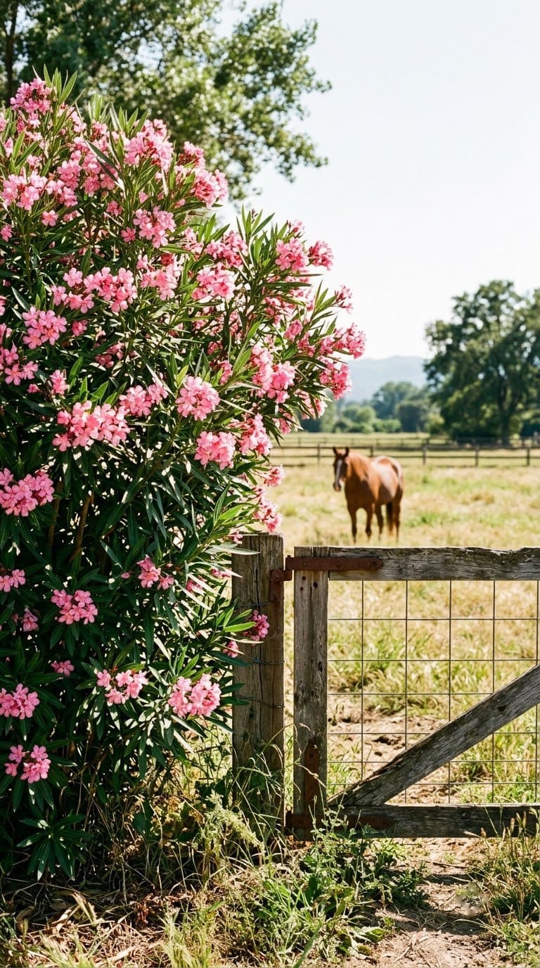 Pink oleander hedge beside a pasture gate with a horse behind the fence.