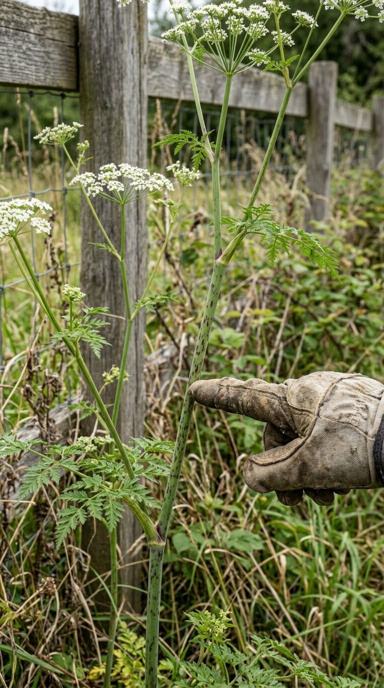 Poison hemlock stem with purple spots and white flower clusters along a fence line.