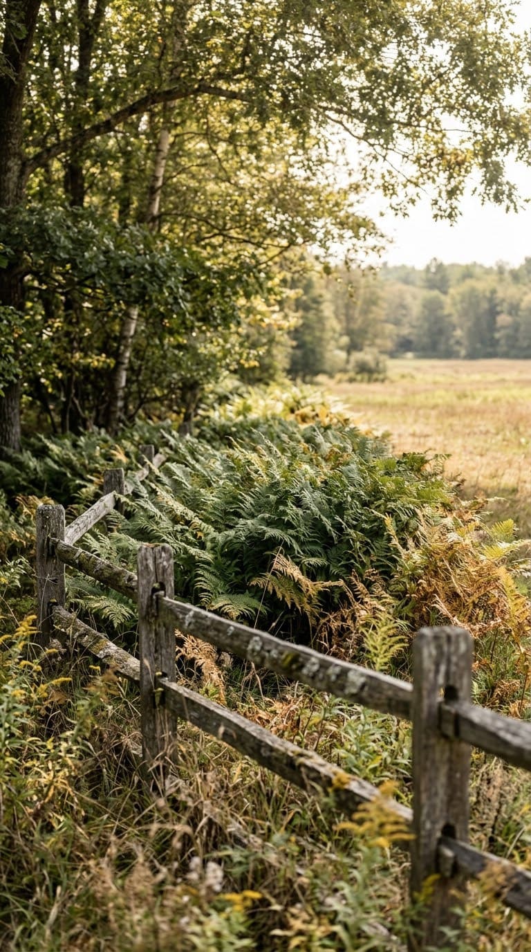 Bracken fern fronds at a wooded pasture edge beside a split-rail fence.