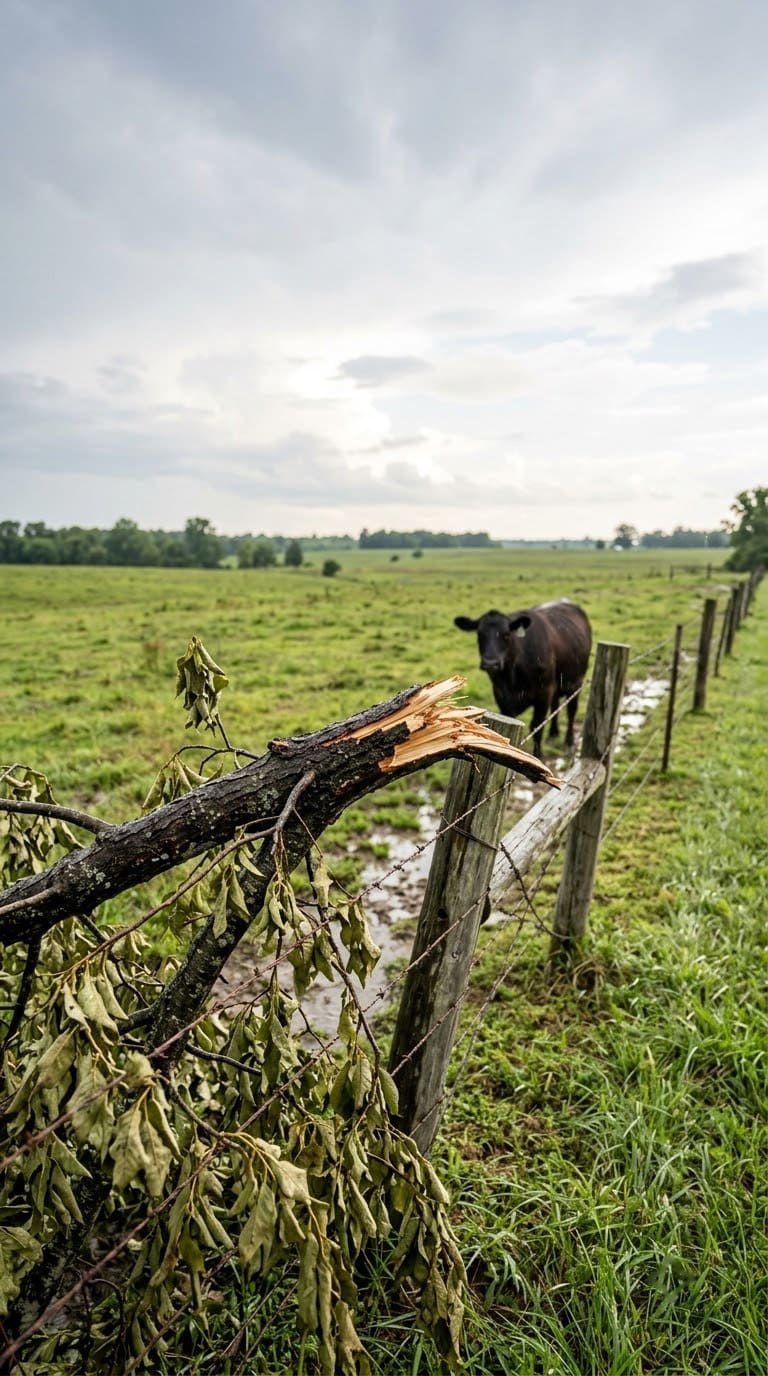 Broken wild black cherry limb with wilting leaves across a pasture fence.