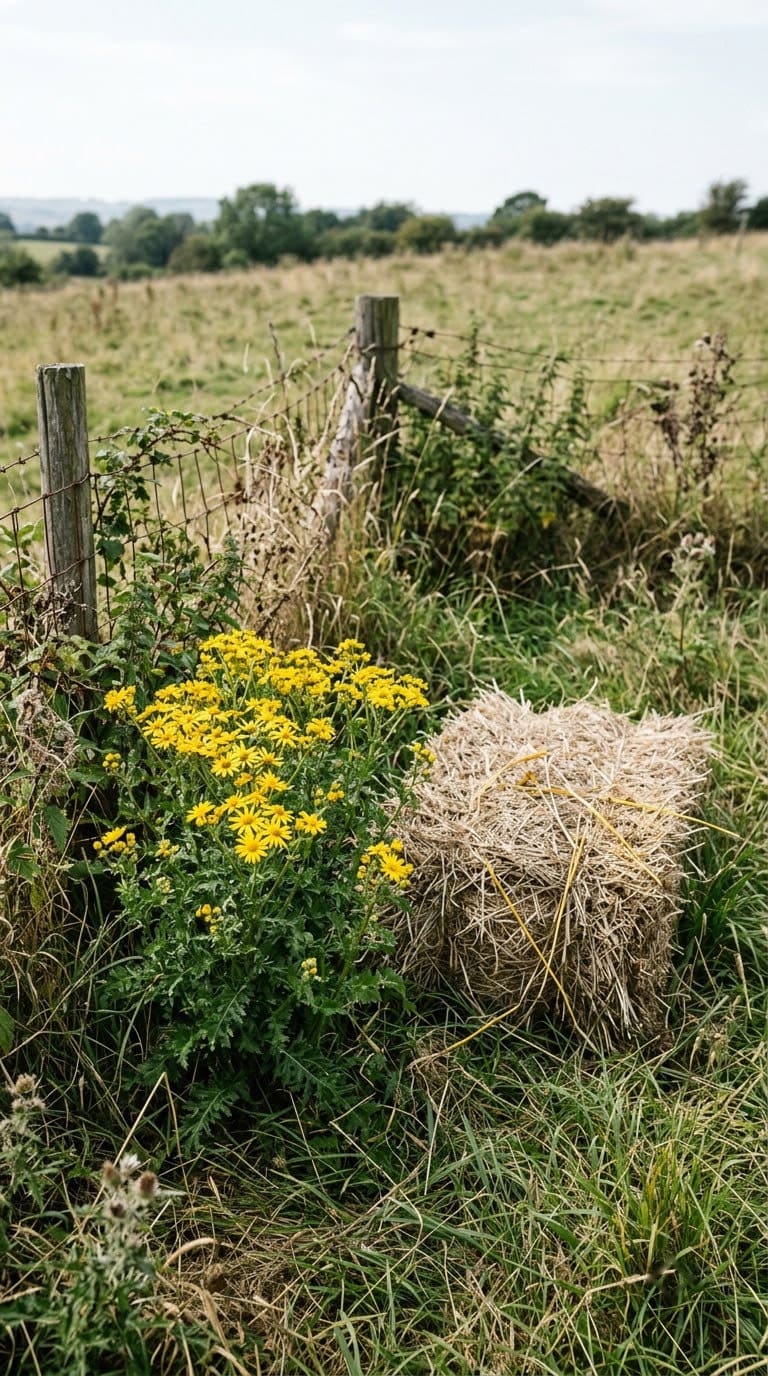 Yellow ragwort flowers in a pasture corner next to a hay bale.