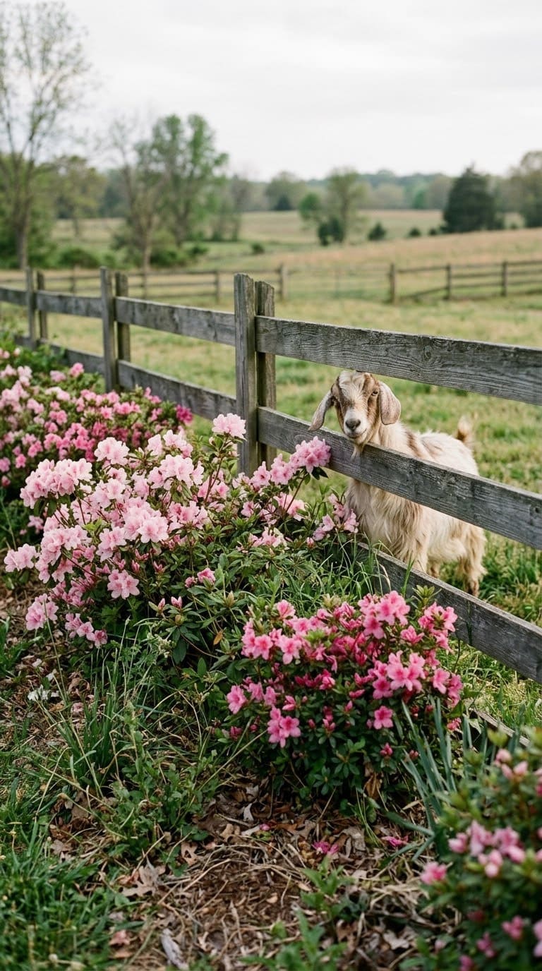 Azalea and rhododendron bed beside a farm fence with a goat looking over the rails.